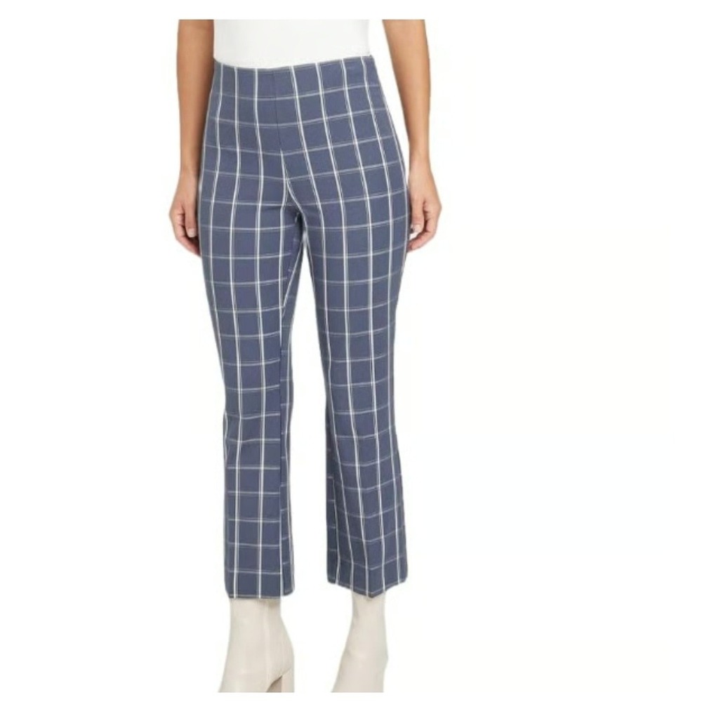 A New Day Plaid Pants Sz 14 Navy Blue Windowpane Stretch Pull On Trousers Work